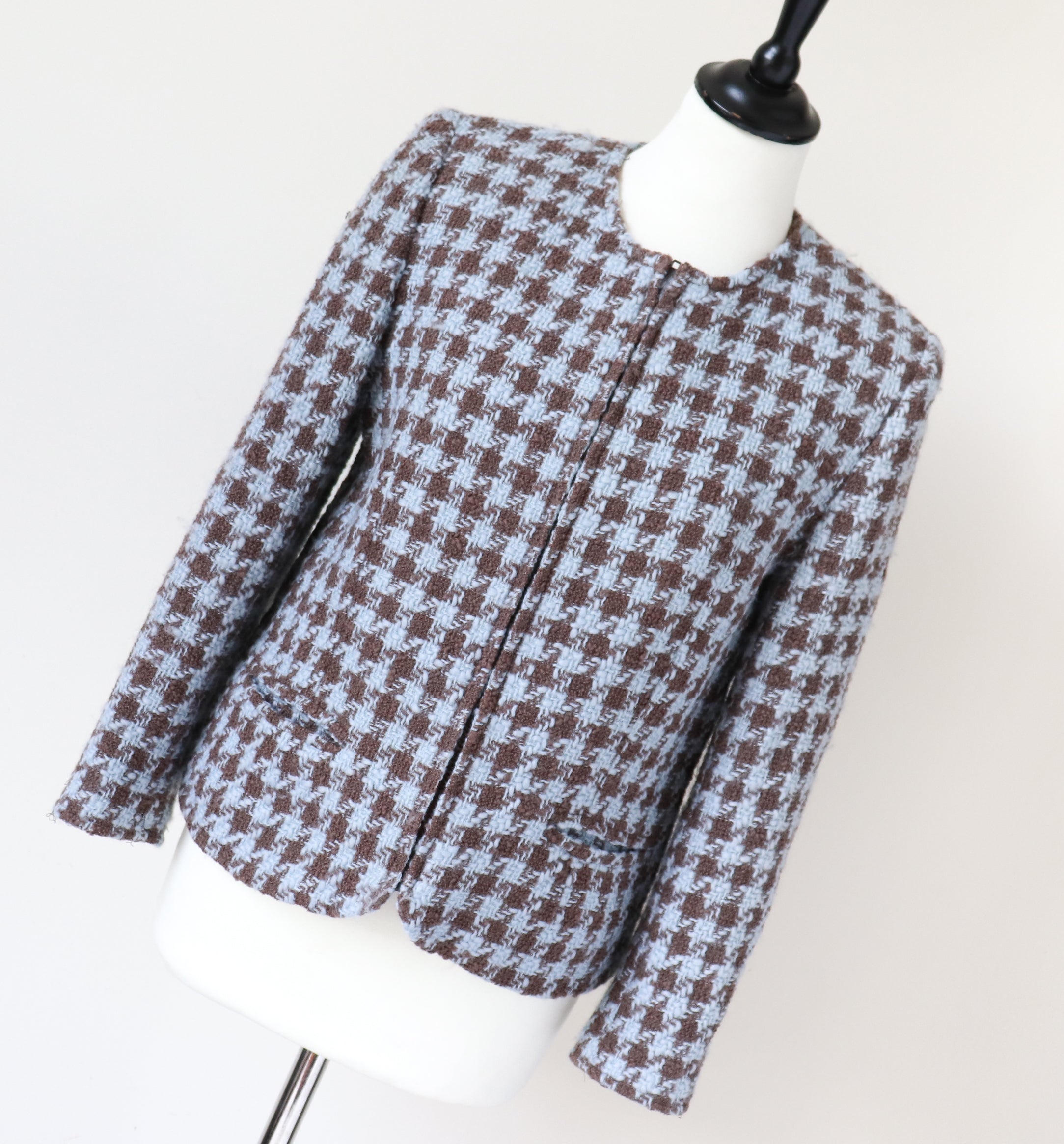 Houndstooth Collarless Jacket - Blue / Brown Wool - Vintage - Surah - 42 Fit S / M - UK 10 / 12