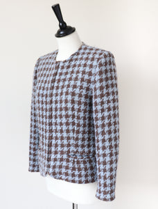 Houndstooth Collarless Jacket - Blue / Brown Wool - Vintage - Surah - 42 Fit S / M - UK 10 / 12