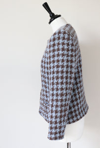 Houndstooth Collarless Jacket - Blue / Brown Wool - Vintage - Surah - 42 Fit S / M - UK 10 / 12