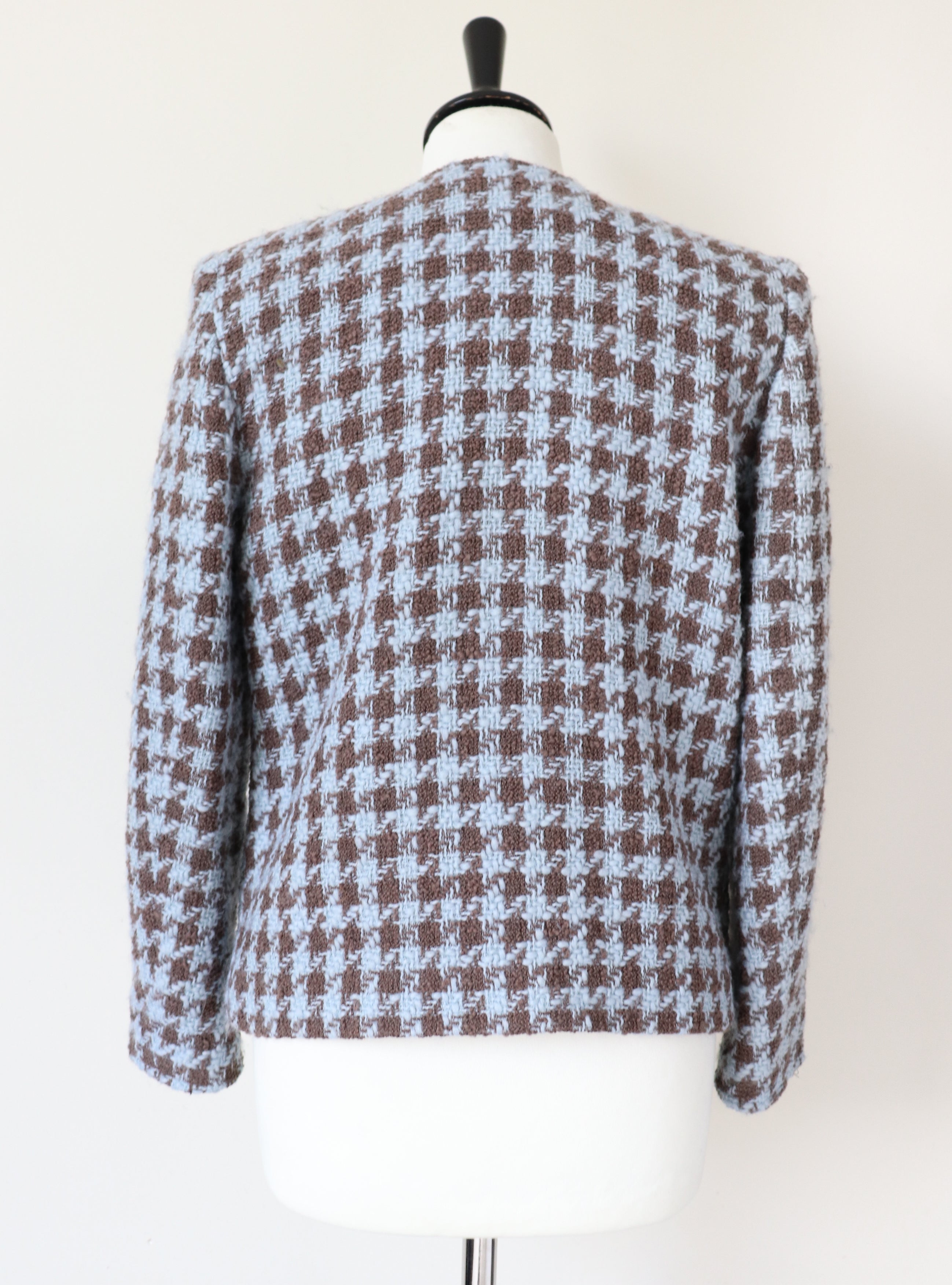 Houndstooth Collarless Jacket - Blue / Brown Wool - Vintage - Surah - 42 Fit S / M - UK 10 / 12