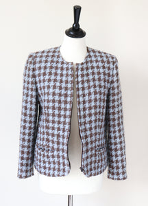 Houndstooth Collarless Jacket - Blue / Brown Wool - Vintage - Surah - 42 Fit S / M - UK 10 / 12