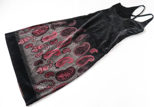Maxi Dress - Strappy Black Velvet - 1970s Vintage - Paisley Hem - S / UK 10