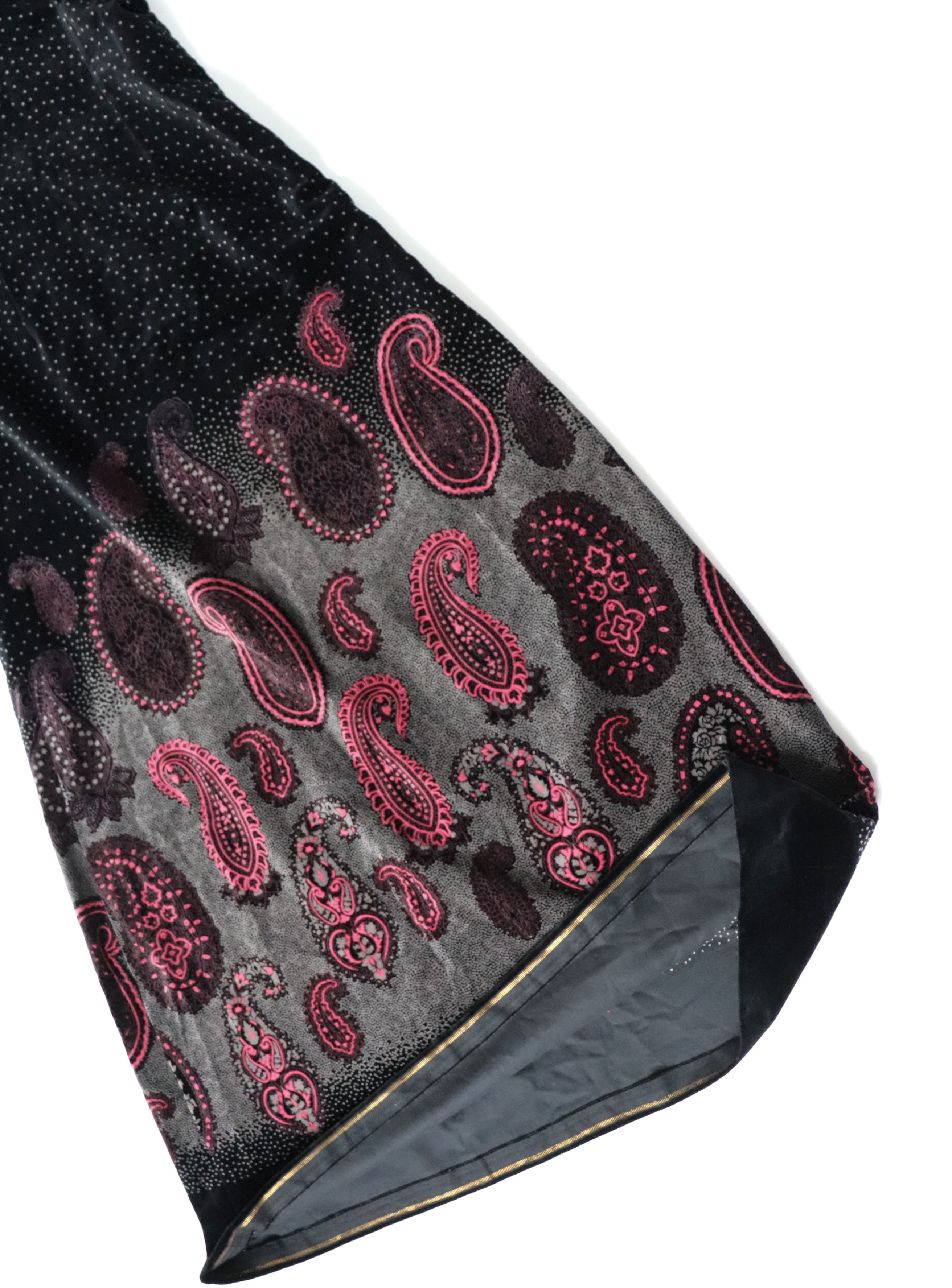 Maxi Dress - Strappy Black Velvet - 1970s Vintage - Paisley Hem - S / UK 10