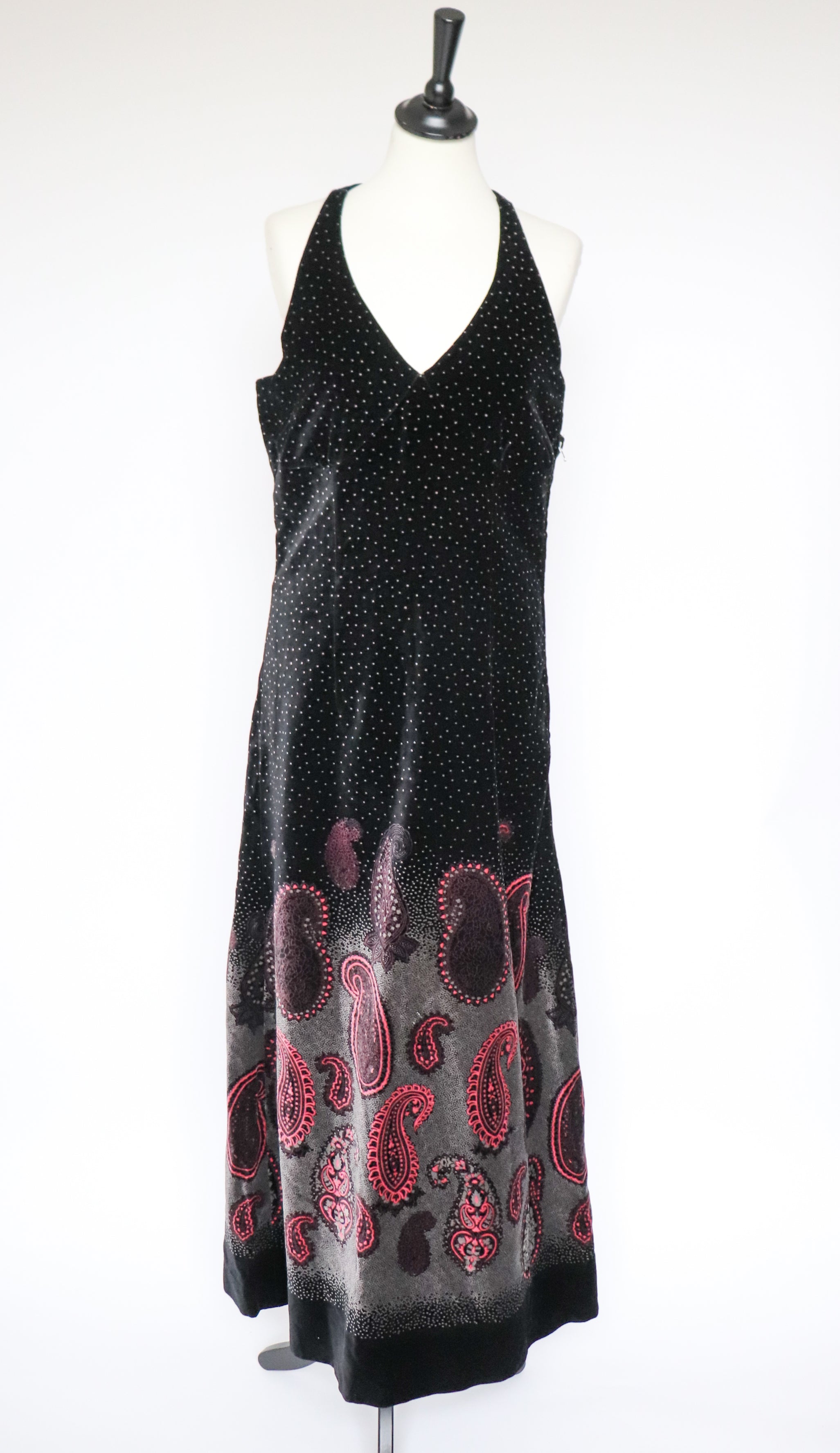 Maxi Dress - Strappy Black Velvet - 1970s Vintage - Paisley Hem - S / UK 10