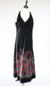 Maxi Dress - Strappy Black Velvet - 1970s Vintage - Paisley Hem - S / UK 10