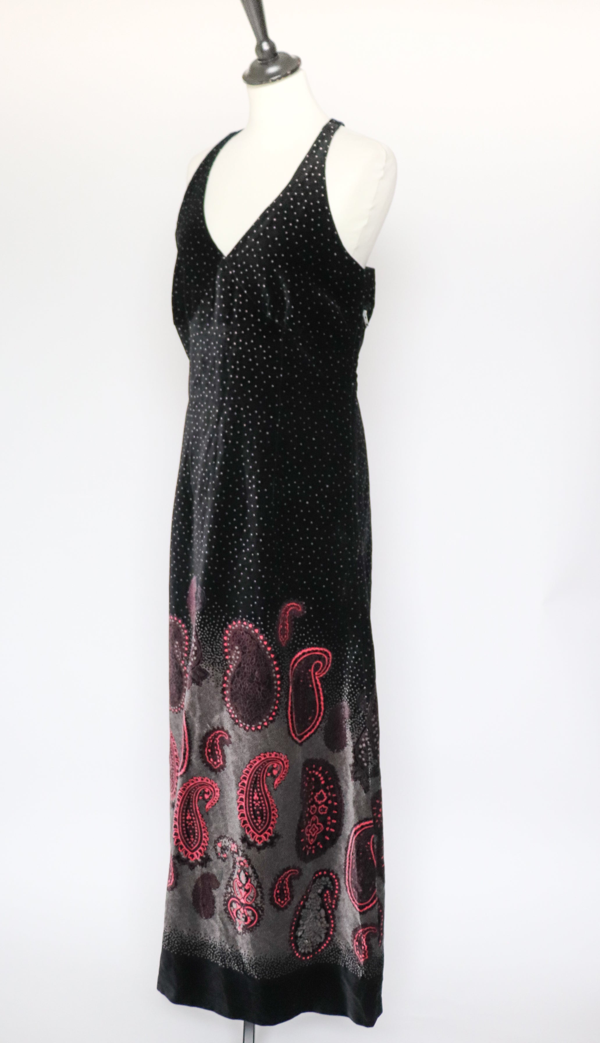 Maxi Dress - Strappy Black Velvet - 1970sVintage - Paisley Hem - S / UK 10