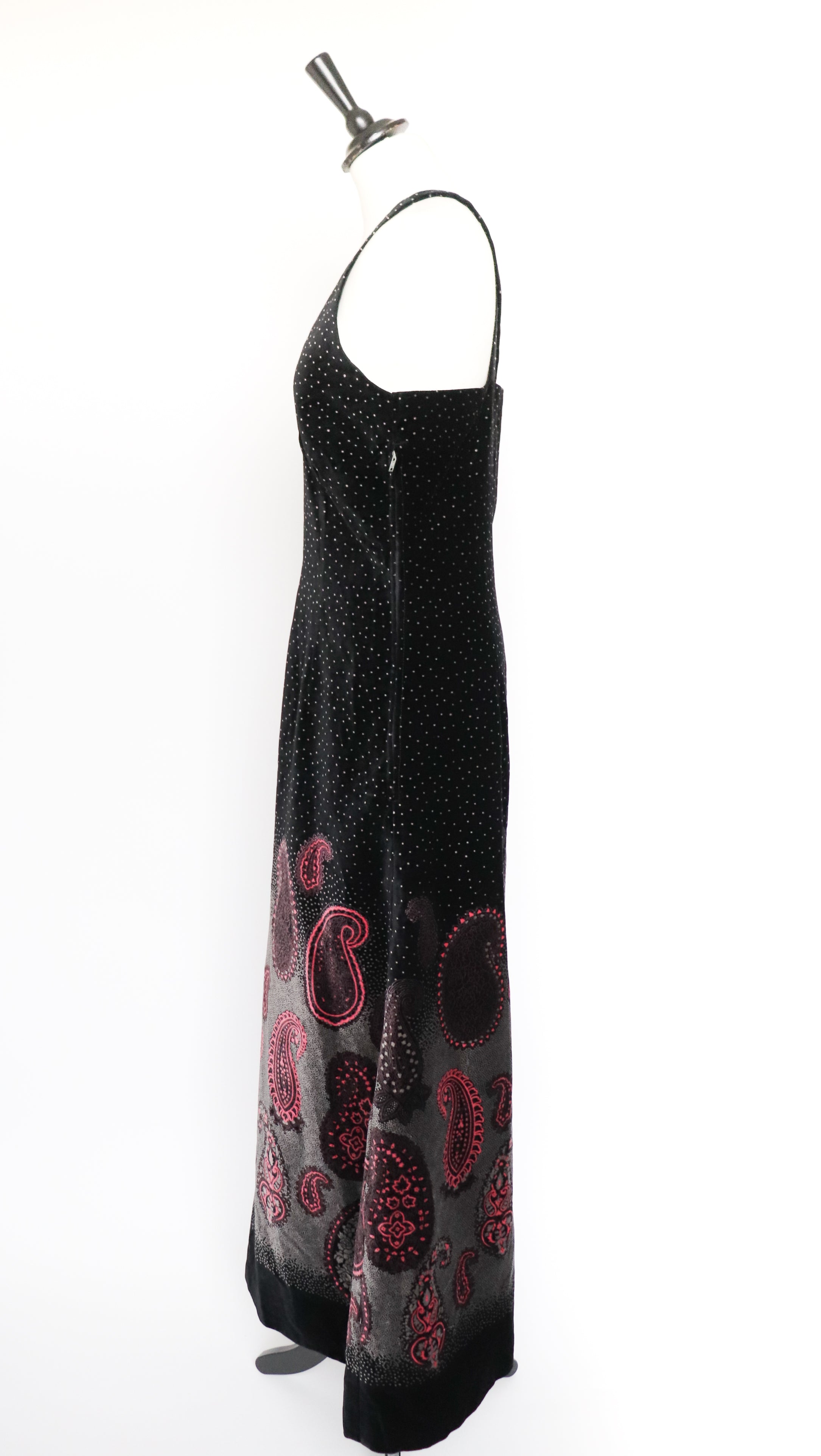 Maxi Dress - Strappy Black Velvet - 1970sVintage - Paisley Hem - S / UK 10