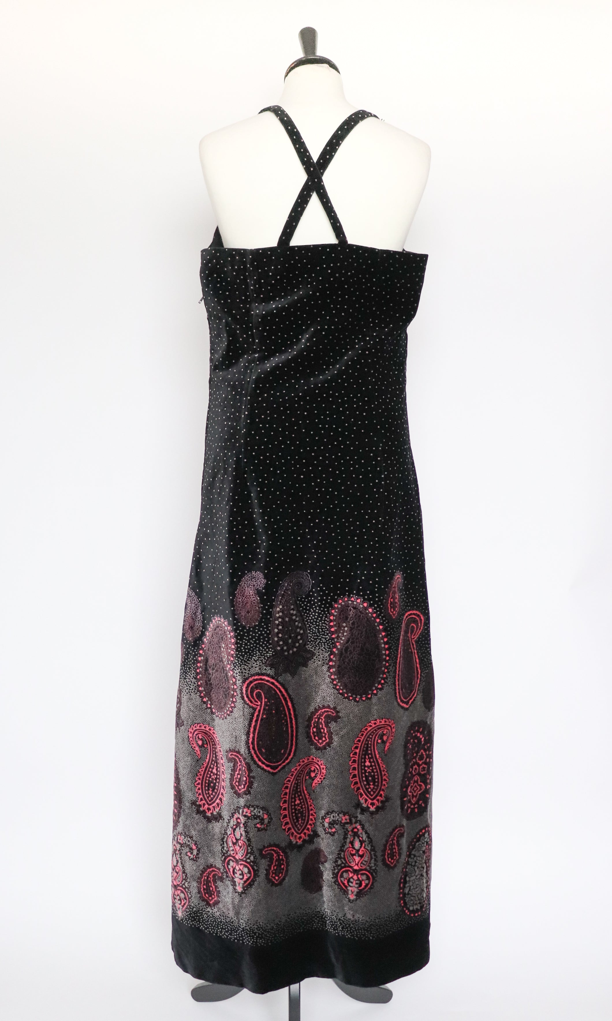 Maxi Dress - Strappy Black Velvet - 1970s Vintage - Paisley Hem - S / UK 10