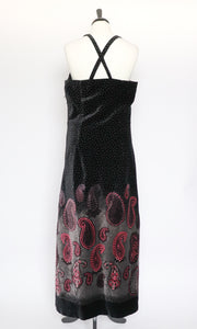 Maxi Dress - Strappy Black Velvet - 1970s Vintage - Paisley Hem - S / UK 10