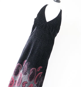 Maxi Dress - Strappy Black Velvet - 1970s Vintage - Paisley Hem - S / UK 10