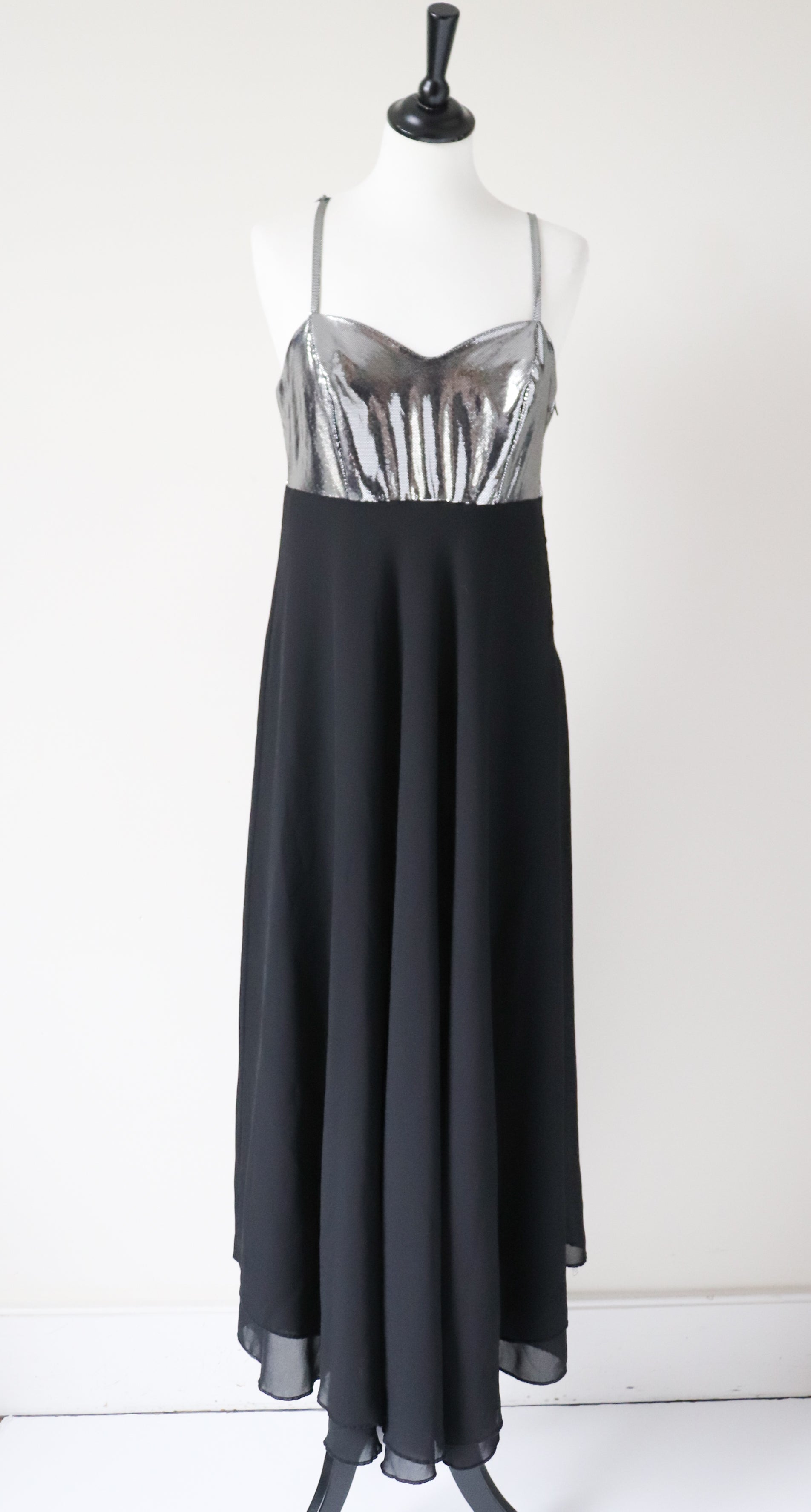 Strappy Black / Silver Evening Dress  - Long / Maxi - 1980s- Empire Waist - M / UK 12