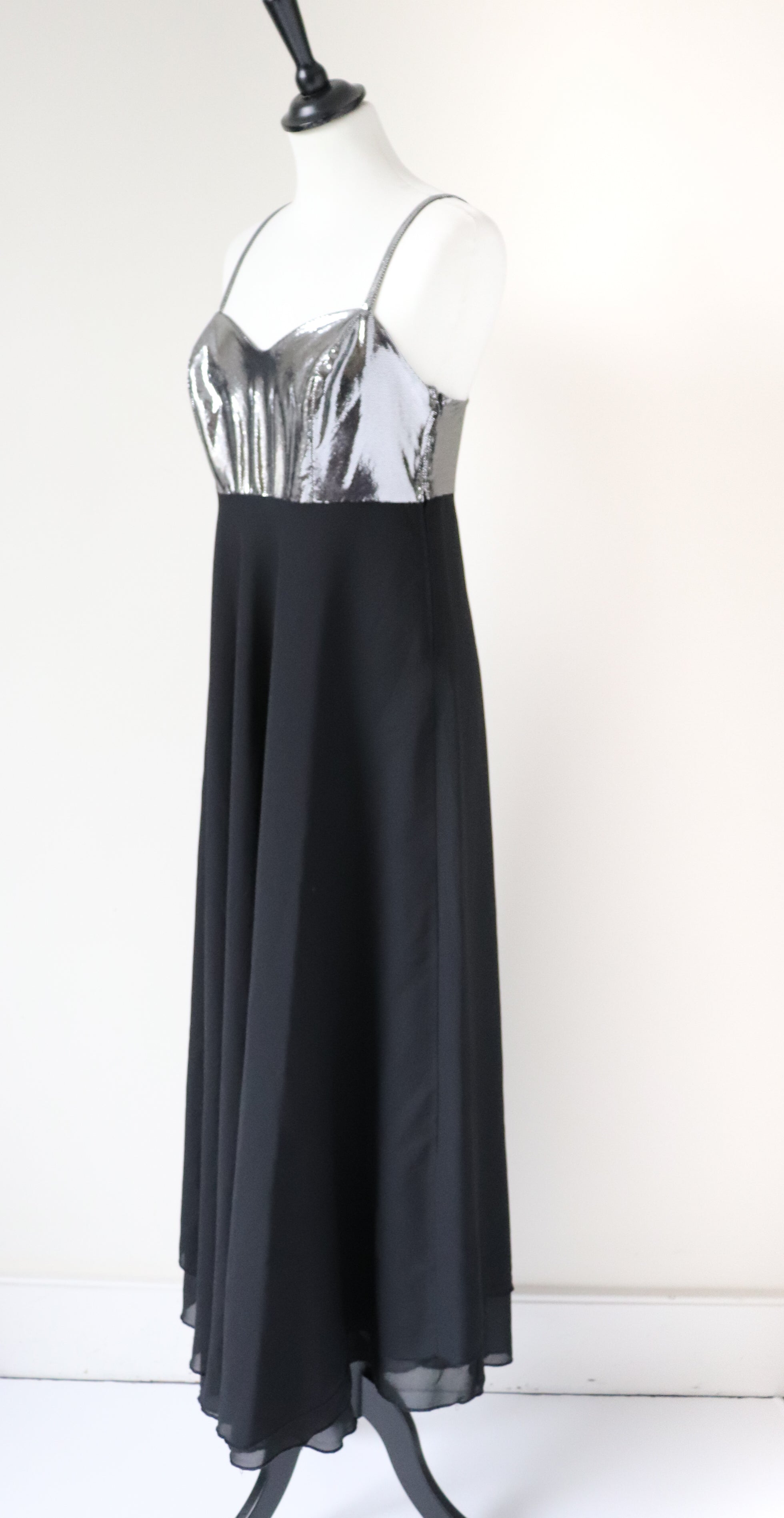 Strappy Black / Silver Evening Dress - Long / Maxi - 1980s - Empire Waist - M / UK 12