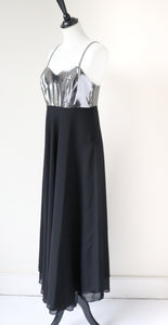 Strappy Black / Silver Evening Dress  - Long / Maxi - 1980s- Empire Waist - M / UK 12