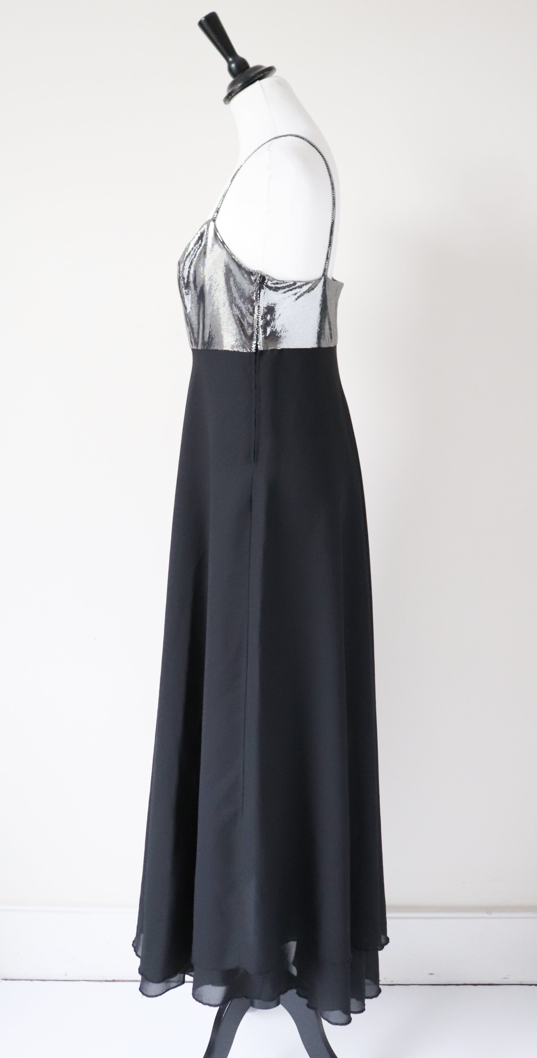 Strappy Black / Silver Evening Dress - Long / Maxi - 1980s - Empire Waist - M / UK 12