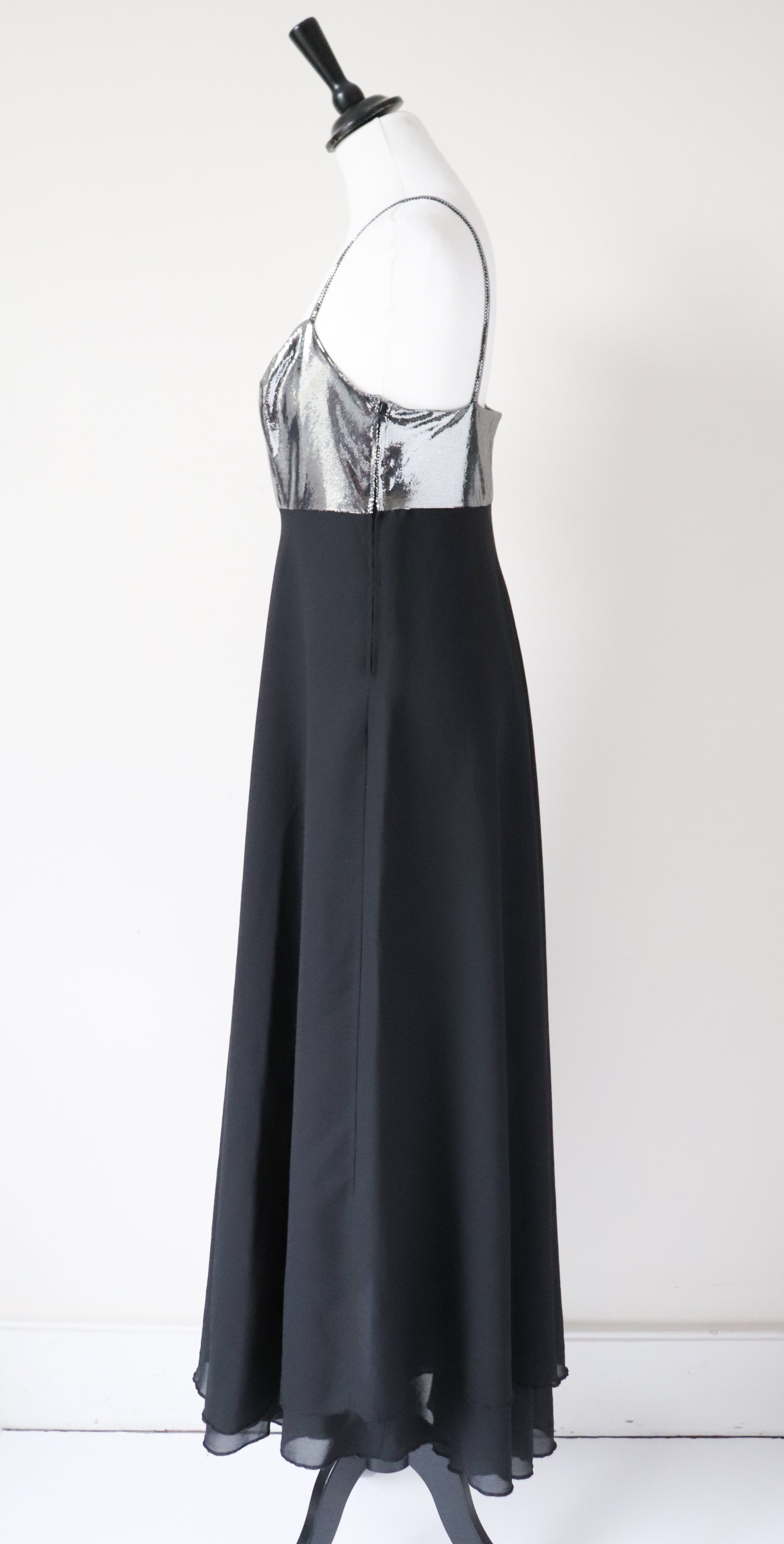 Strappy Black / Silver Evening Dress  - Long / Maxi - 1980s- Empire Waist - M / UK 12