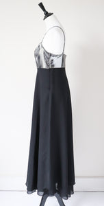 Strappy Black / Silver Evening Dress - Long / Maxi - 1980s - Empire Waist - M / UK 12