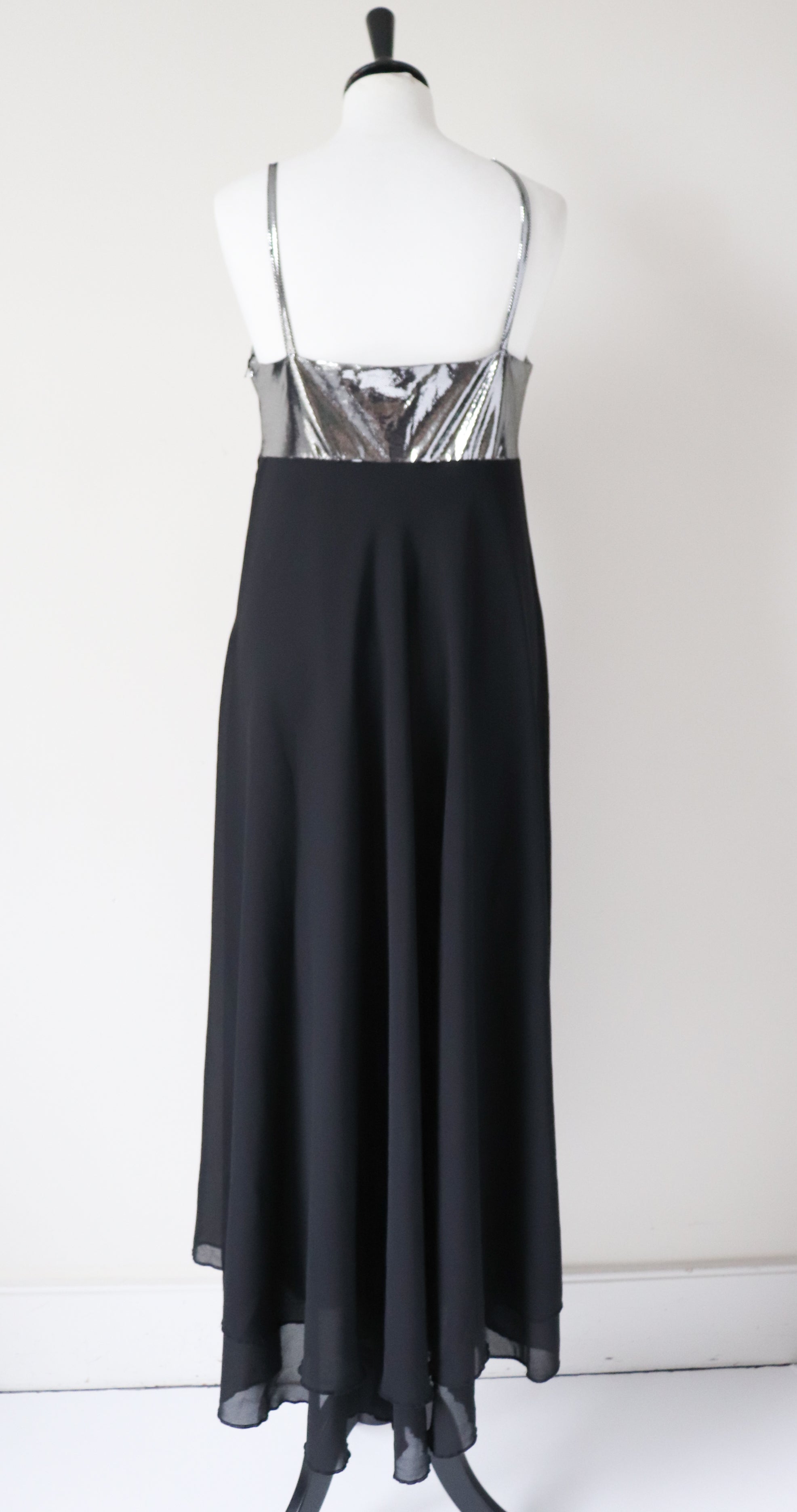 Strappy Black / Silver Evening Dress - Long / Maxi - 1980s - Empire Waist - M / UK 12