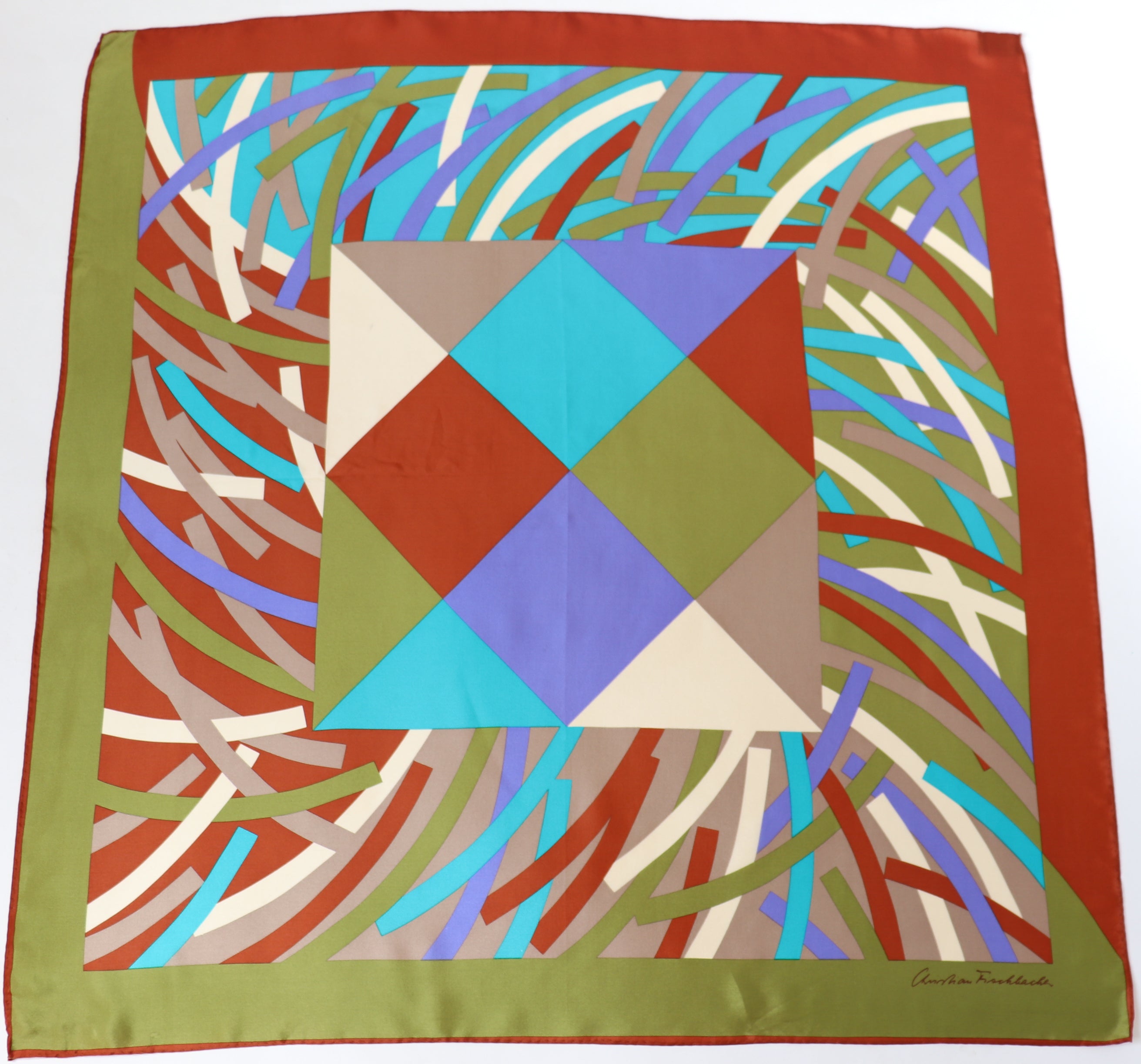 Christian Fischbacher Silk Scarf  - Graphic Art - Green / Brown / Blue  Print - Medium