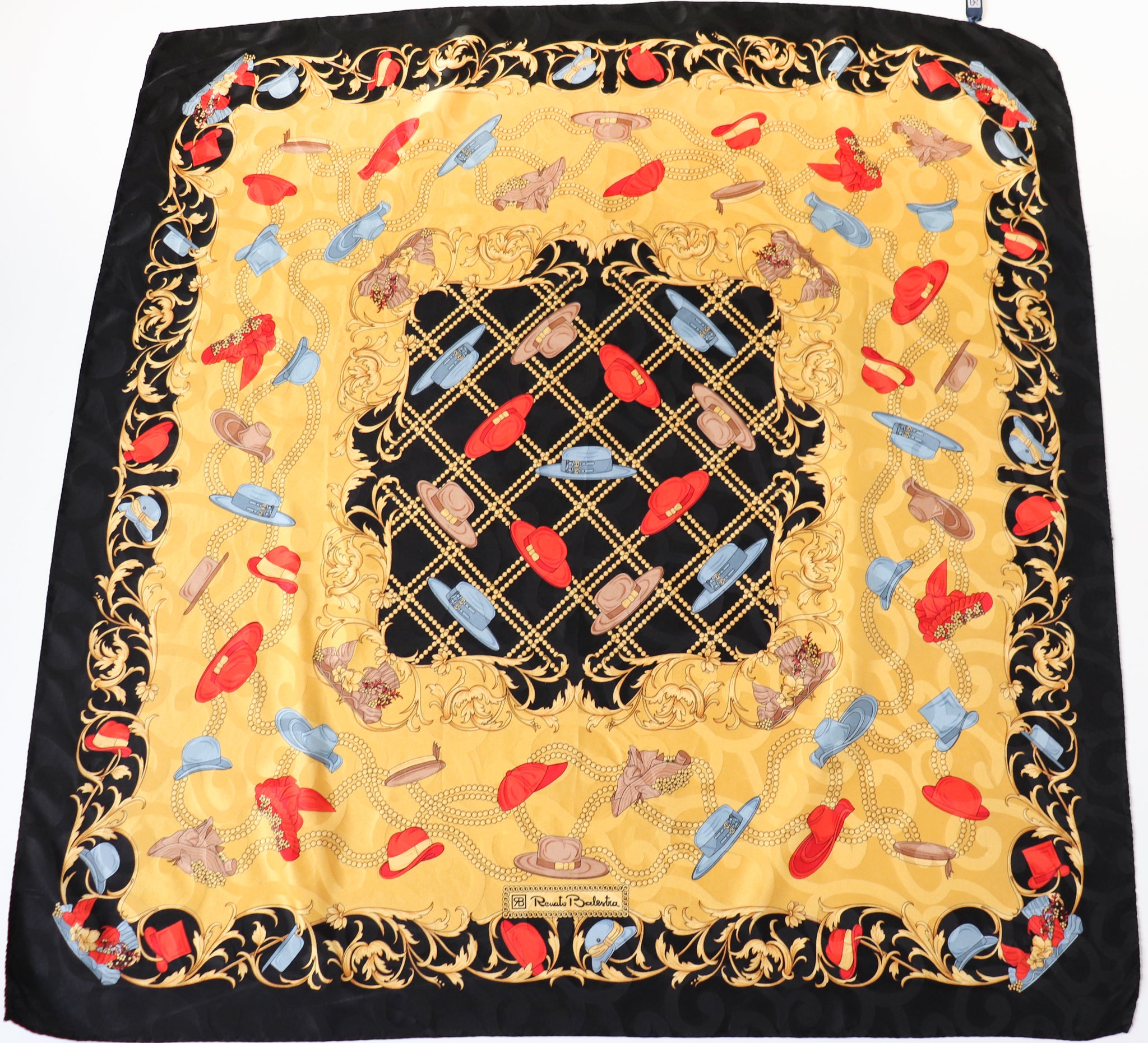 Renato Balestra Silk Scarf - Gold Yellow Hats Print - Baroque Border - Large