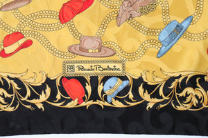 Renato Balestra Silk Scarf - Gold Yellow Hats Print - Baroque Border - Large