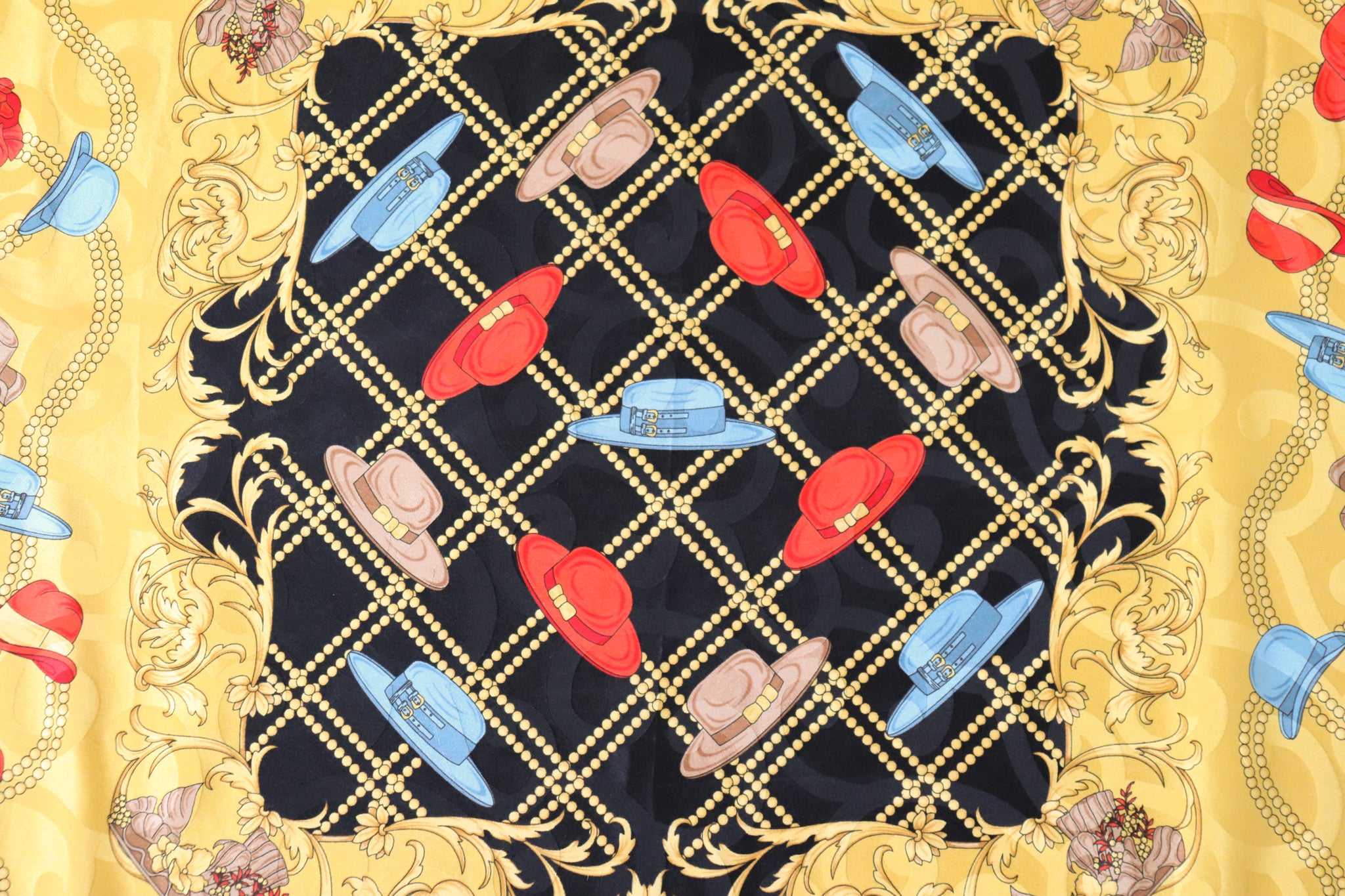 Renato Balestra Silk Scarf - Gold Yellow Hats Print - Baroque Border - Large