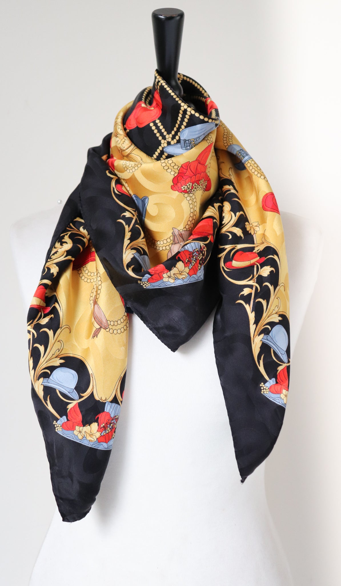 Renato Balestra Silk Scarf - Gold Yellow Hats Print - Baroque Border - Large