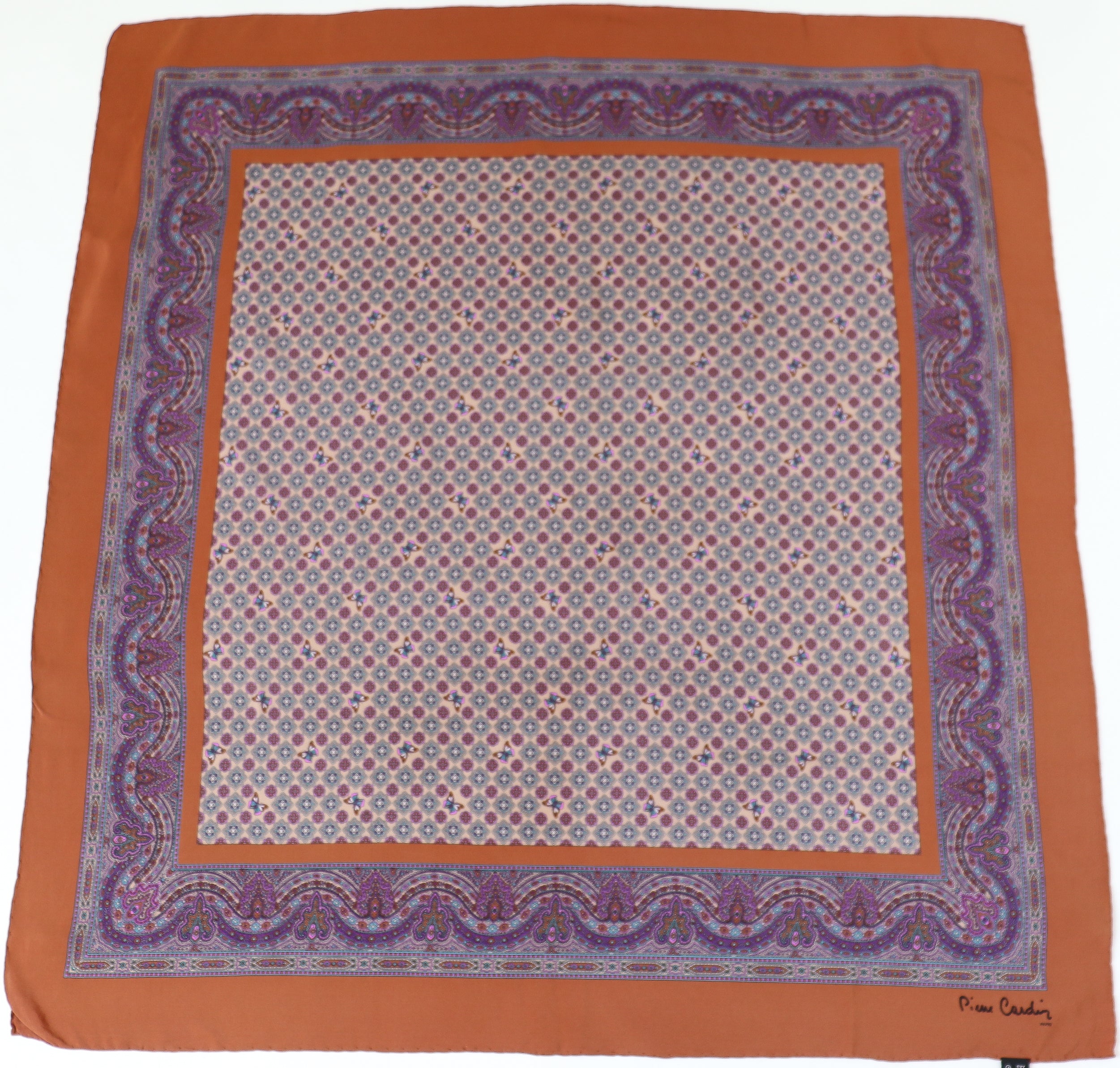 Pierre Cardin Silk Scarf - Butterflies and Paisley - Brown / Pink - LARGE