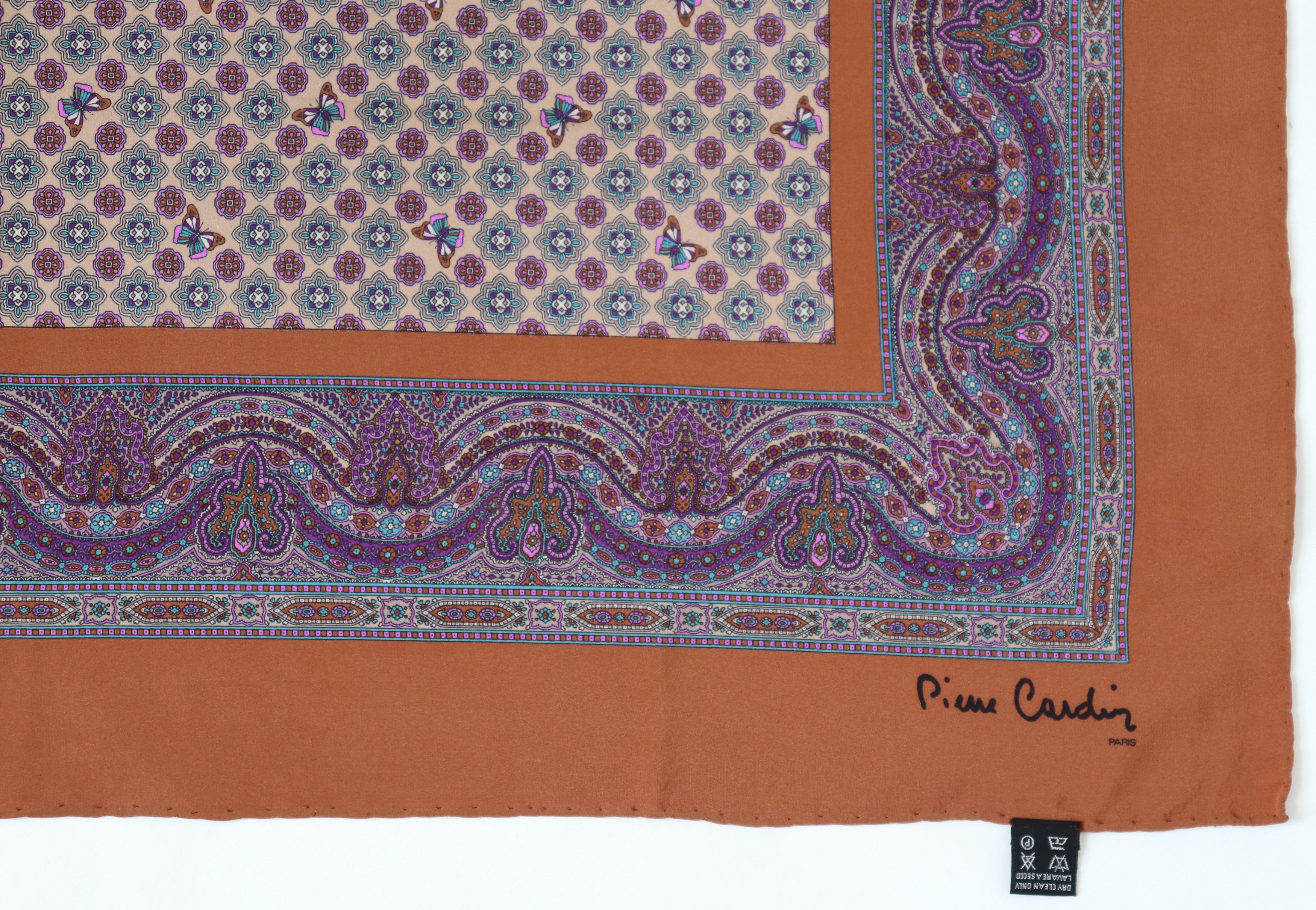 Pierre Cardin Silk Scarf - Butterflies and Paisley - Brown / Pink - LARGE