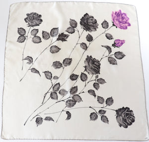 Bell Silk Scarf  - 1950s Vintage - Brushstroke Floral Print - Ivory / Pink / Purple Rose