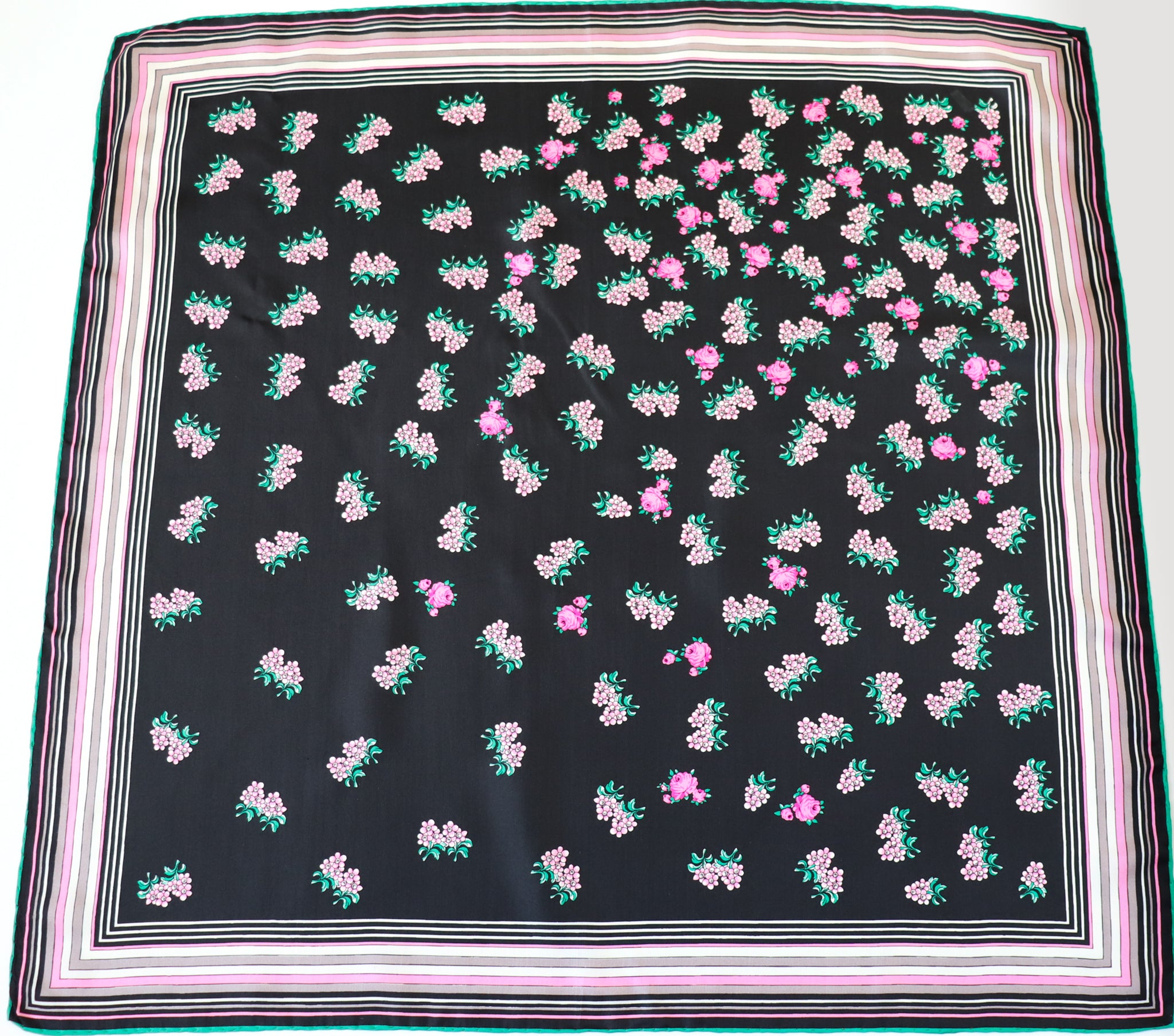 Vintage Silk Scarf - 1970s Floral Sprig Print - Black / Pink