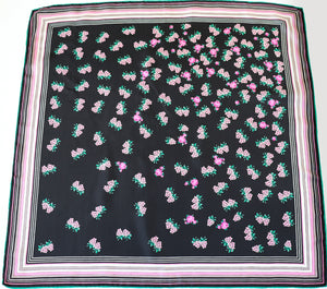 Vintage Silk Scarf - 1970s Floral Sprig Print - Black / Pink