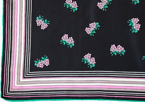 Vintage Silk Scarf - 1970s Floral Sprig Print - Black / Pink