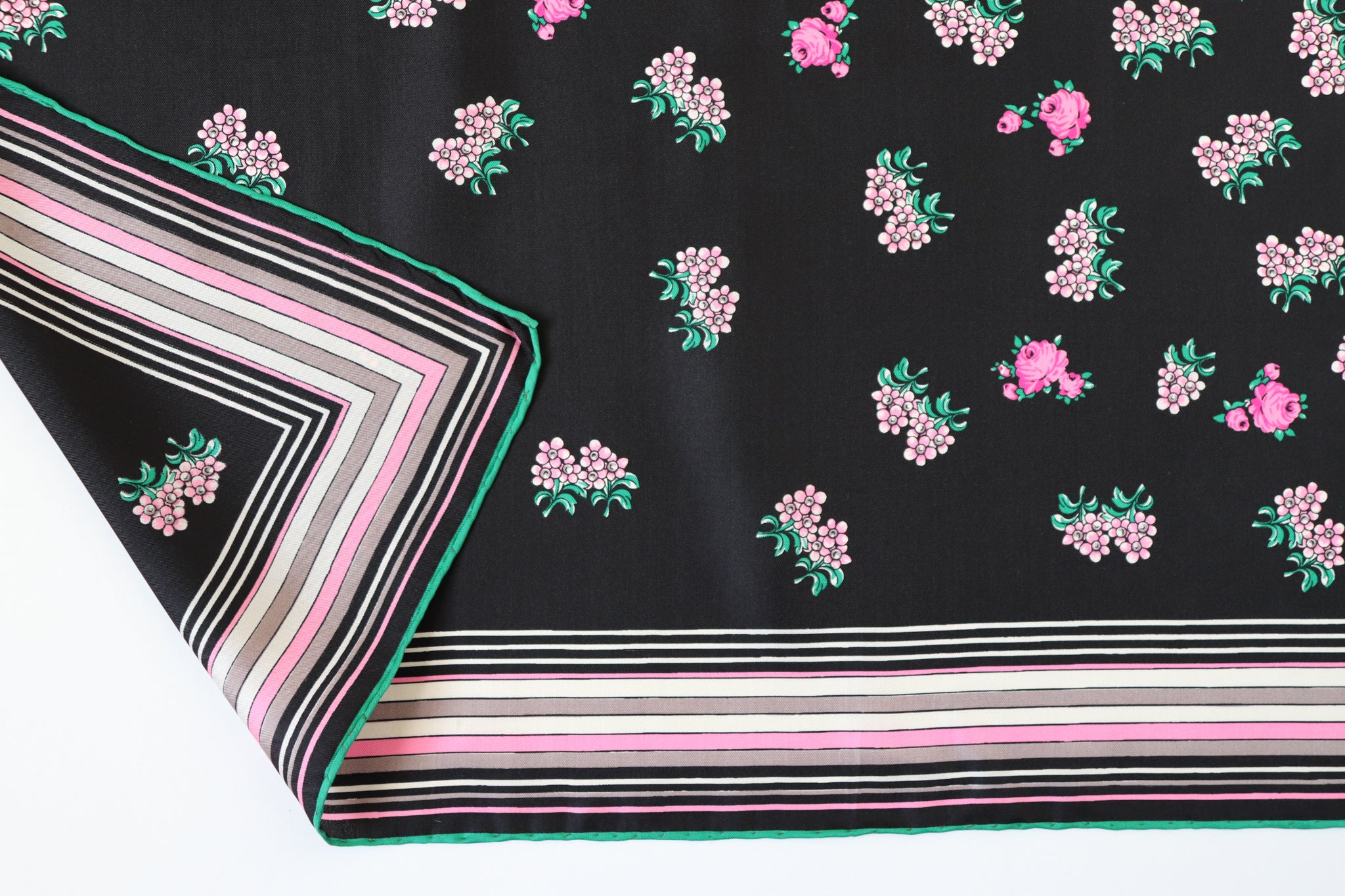 Vintage Silk Scarf - 1970s Floral Sprig Print - Black / Pink