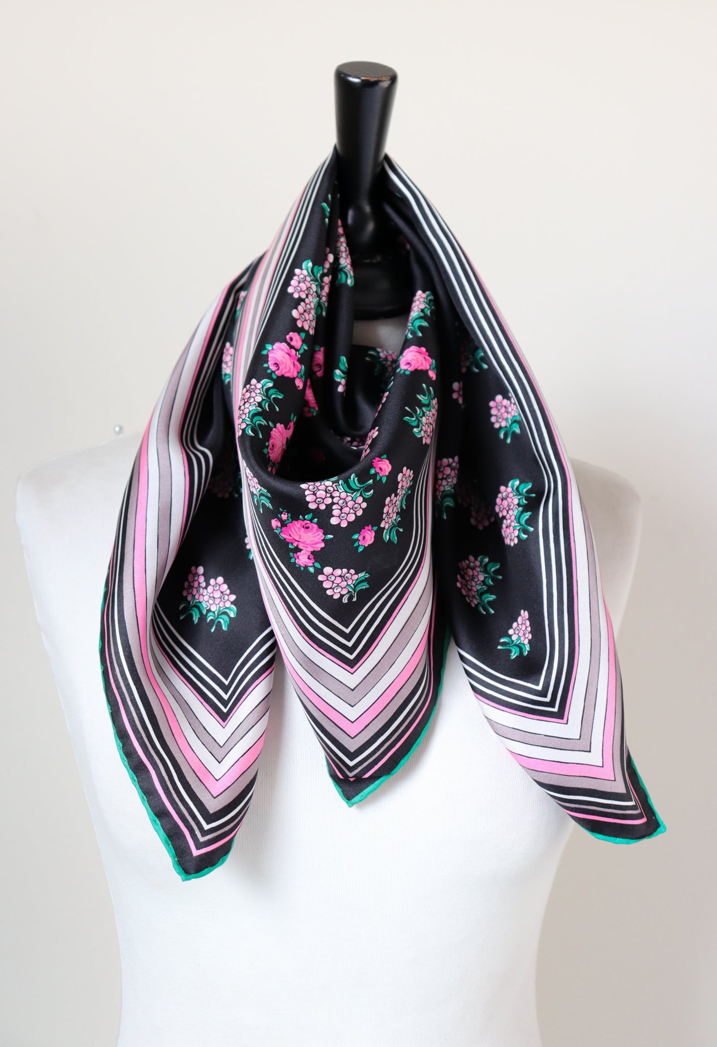 Vintage Silk Scarf - 1970s Floral Sprig Print - Black / Pink