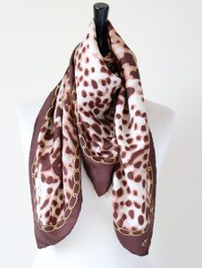 Leopard Print Vintage Silk Scarf  - Brown / Beige - LARGE