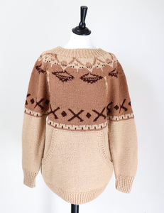 Vintage Hand Knit Nordic Jumper - Wool Blend  - Brown - L / UK 14