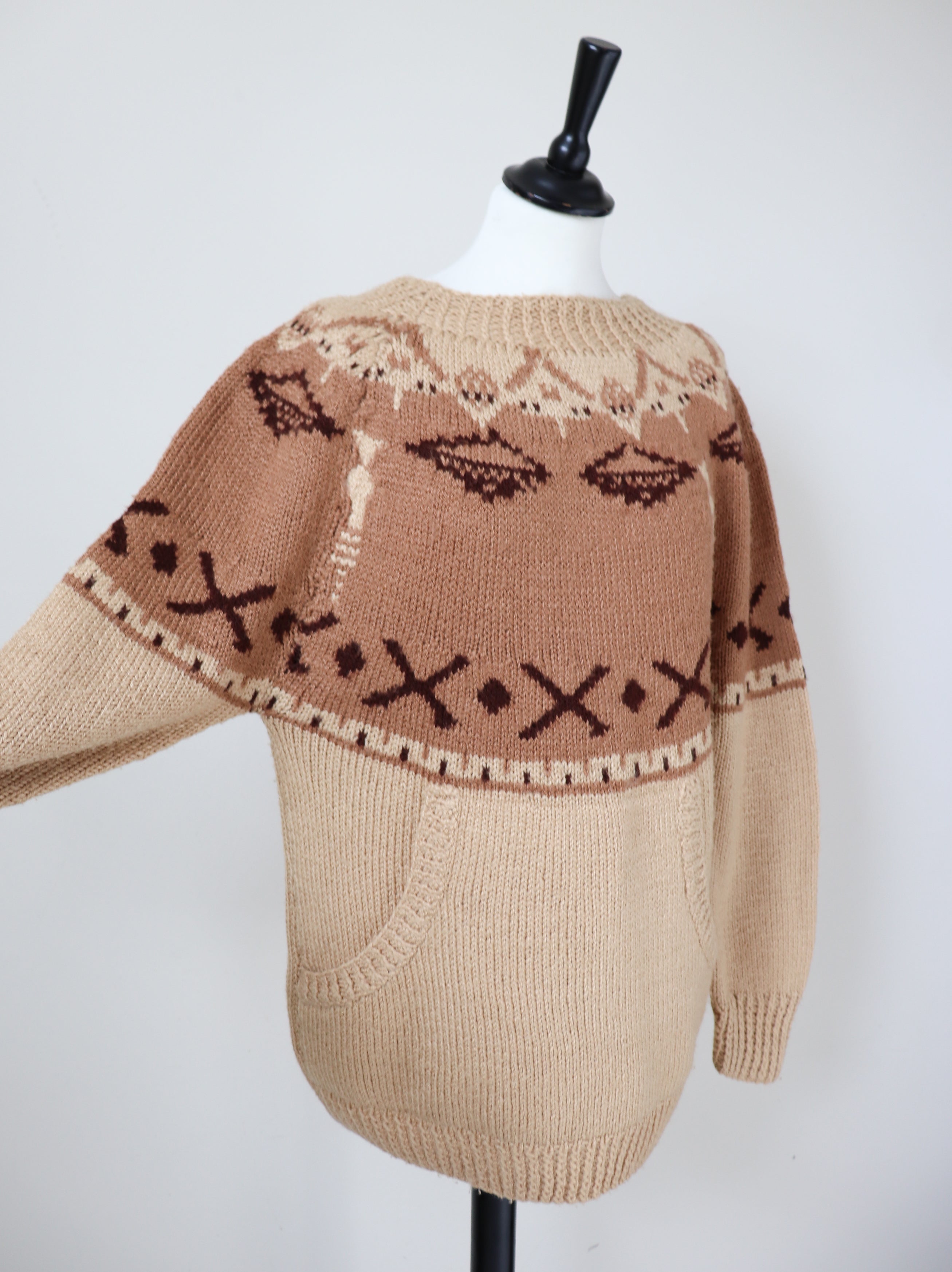 Vintage Hand Knit Nordic Jumper - Wool Blend  - Brown - L / UK 14