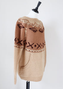 Vintage Hand Knit Nordic Jumper - Wool Blend - Brown - L / UK 14