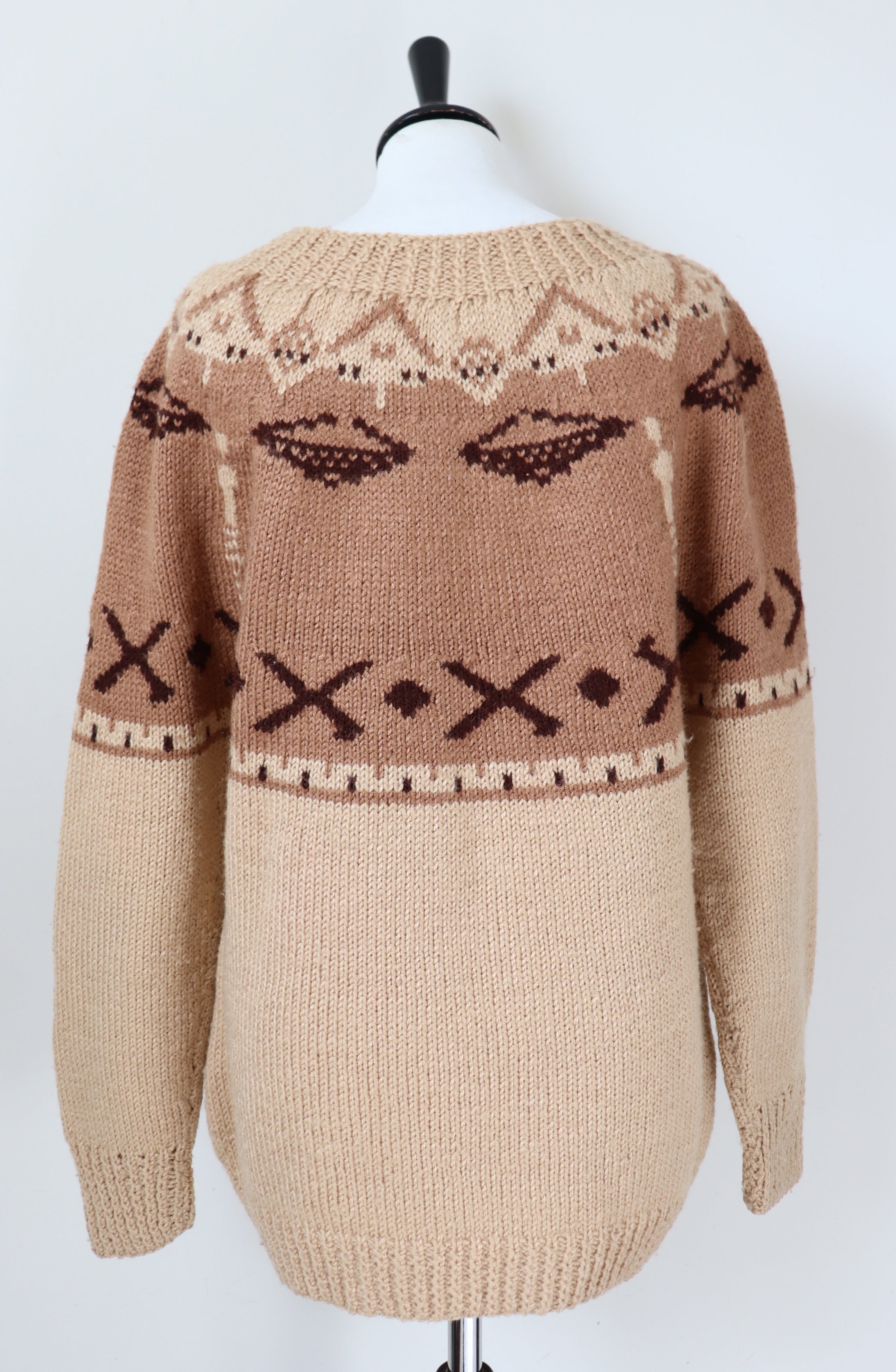 Vintage Hand Knit Nordic Jumper - Wool Blend - Brown - L / UK 14