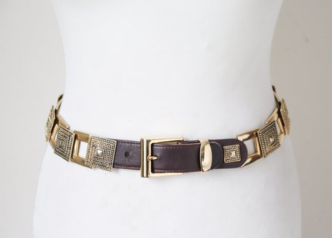 Vintage 1980s Brown Leather and Metal Chain Belt ( Gold Tone ) - X Small