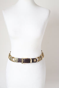 Vintage 1980s Brown Leather and Metal Chain Belt ( Gold Tone ) - X Small