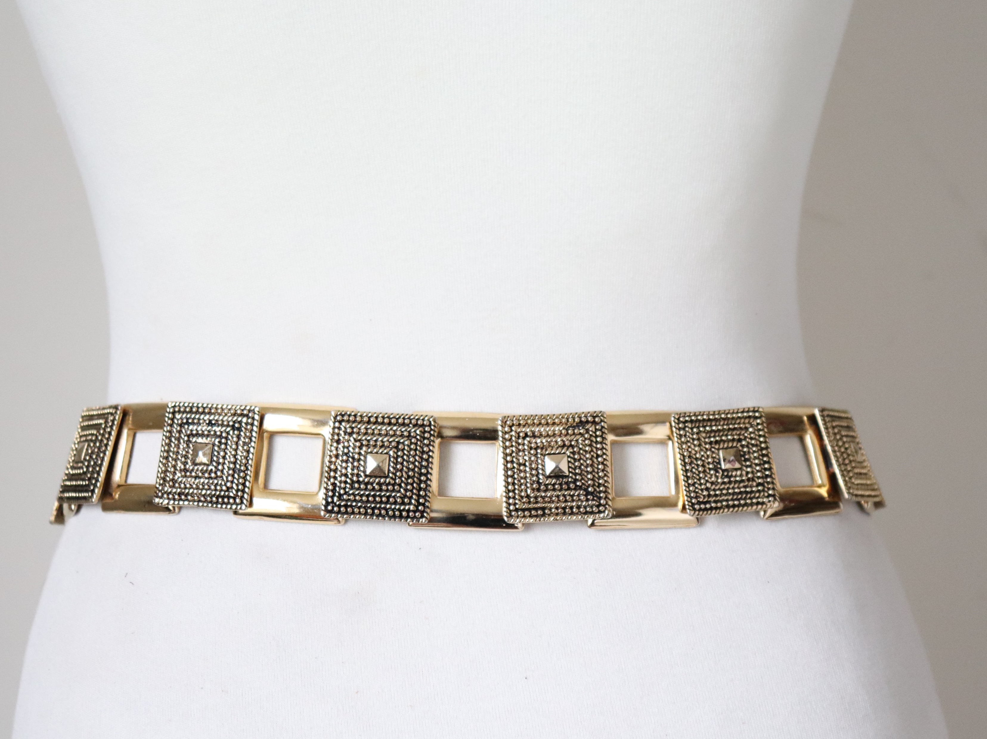 Vintage 1980s Brown Leather and Metal Chain Belt ( Gold Tone ) - X Small