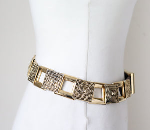 Vintage 1980s Brown Leather and Metal Chain Belt ( Gold Tone ) - X Small