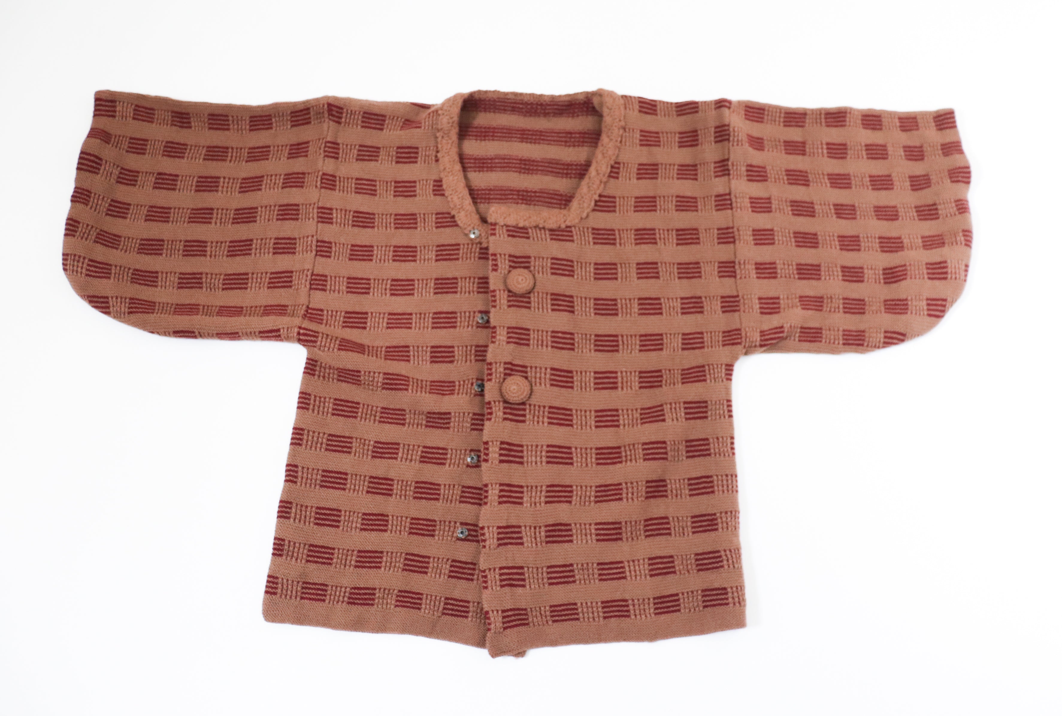 Vintage Kimono Cardigan - Hand Knitted Brown Wool - L / XL - UK 14 / 16