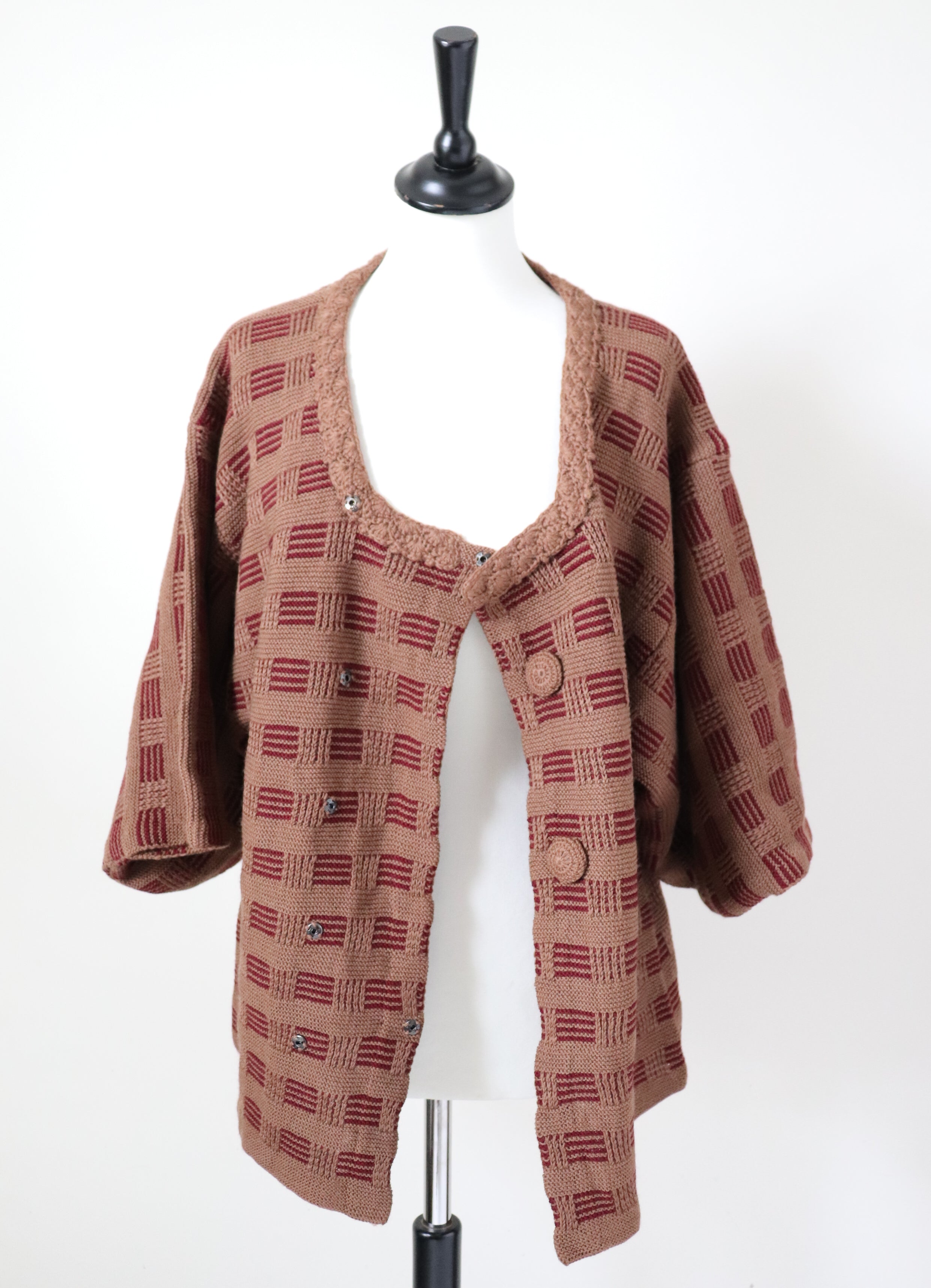 Vintage Kimono Cardigan - Hand Knitted Brown Wool - L / XL - UK 14 / 16