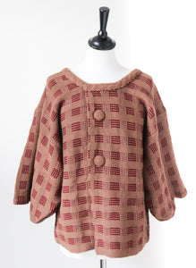 Vintage Kimono Cardigan - Hand Knitted Brown Wool - L / XL - UK 14 / 16