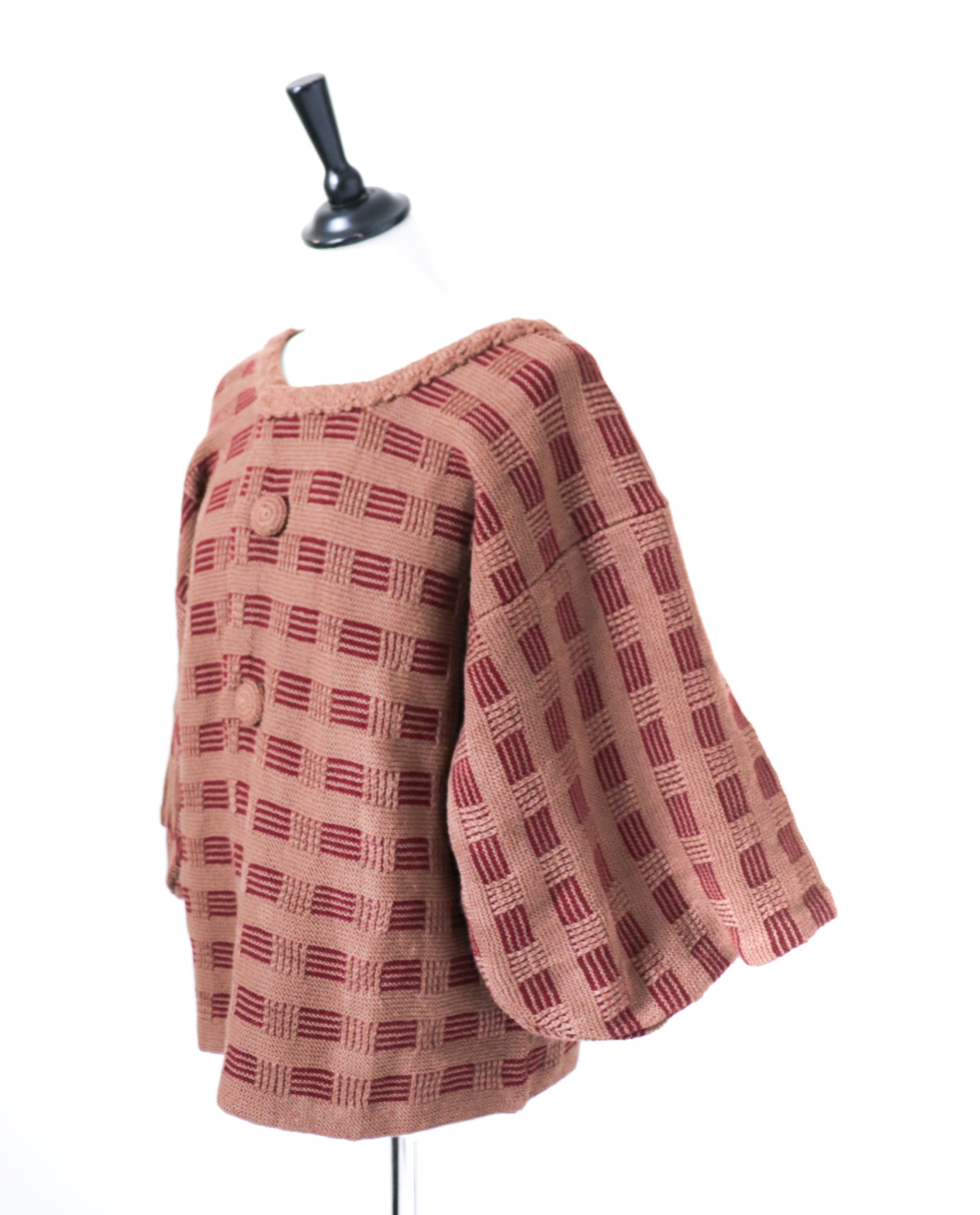 Vintage Kimono Cardigan - Hand Knitted Brown Wool - L / XL - UK 14 / 16