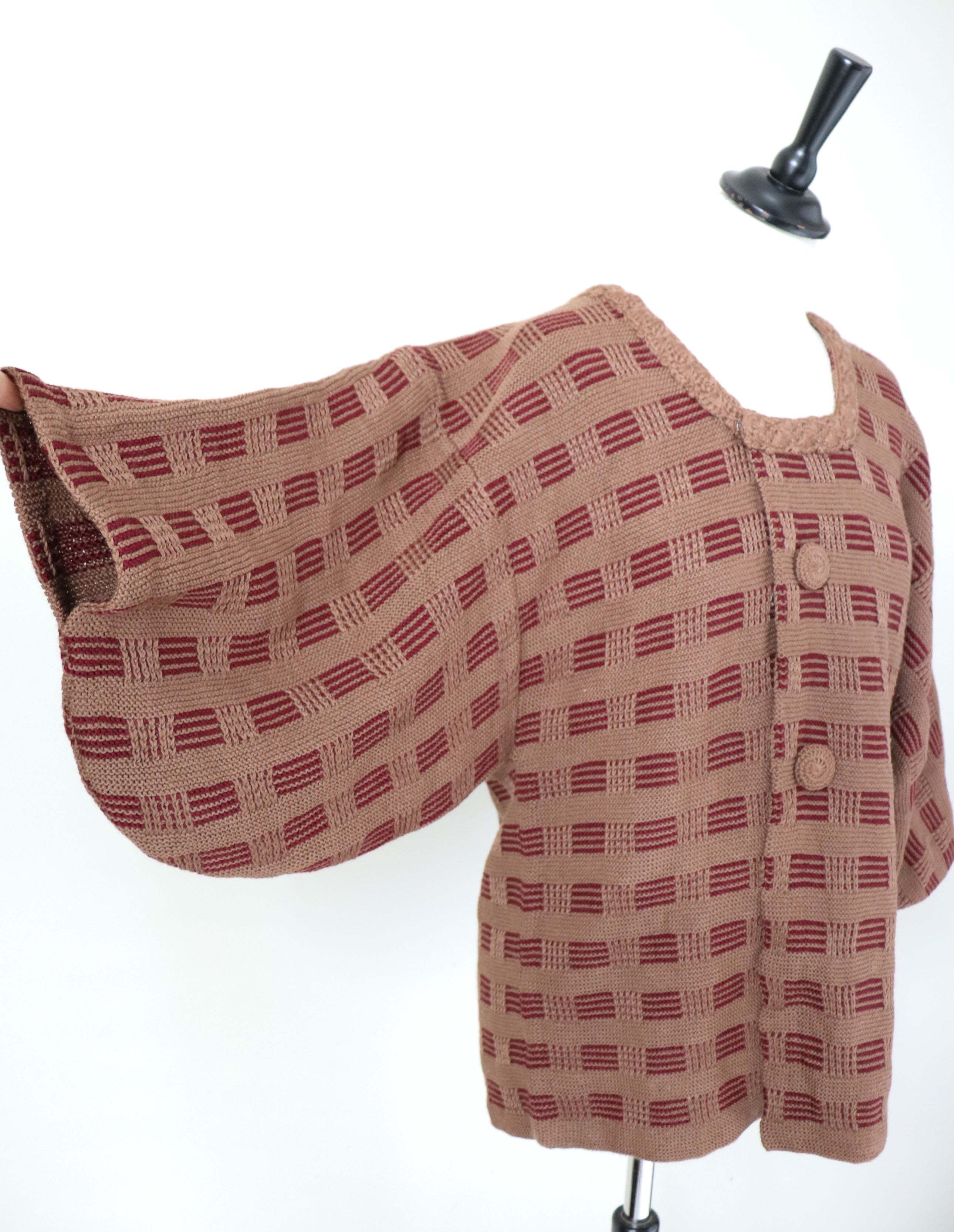 Vintage Kimono Cardigan - Hand Knitted Brown Wool - L / XL - UK 14 / 16