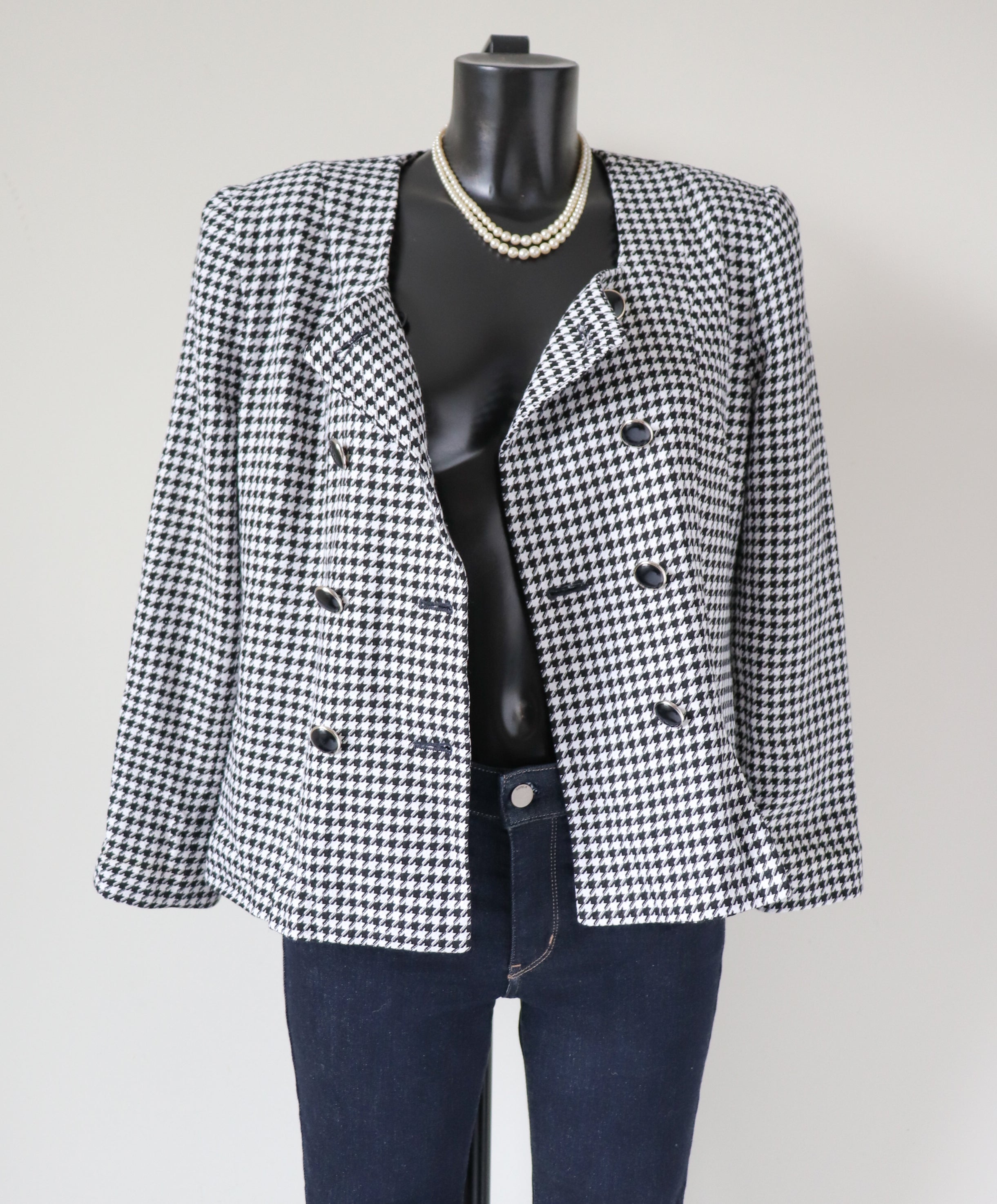 Michelle Stuart Collarless Houndstooth Jacket - Black / White - Vintage - M / UK 12