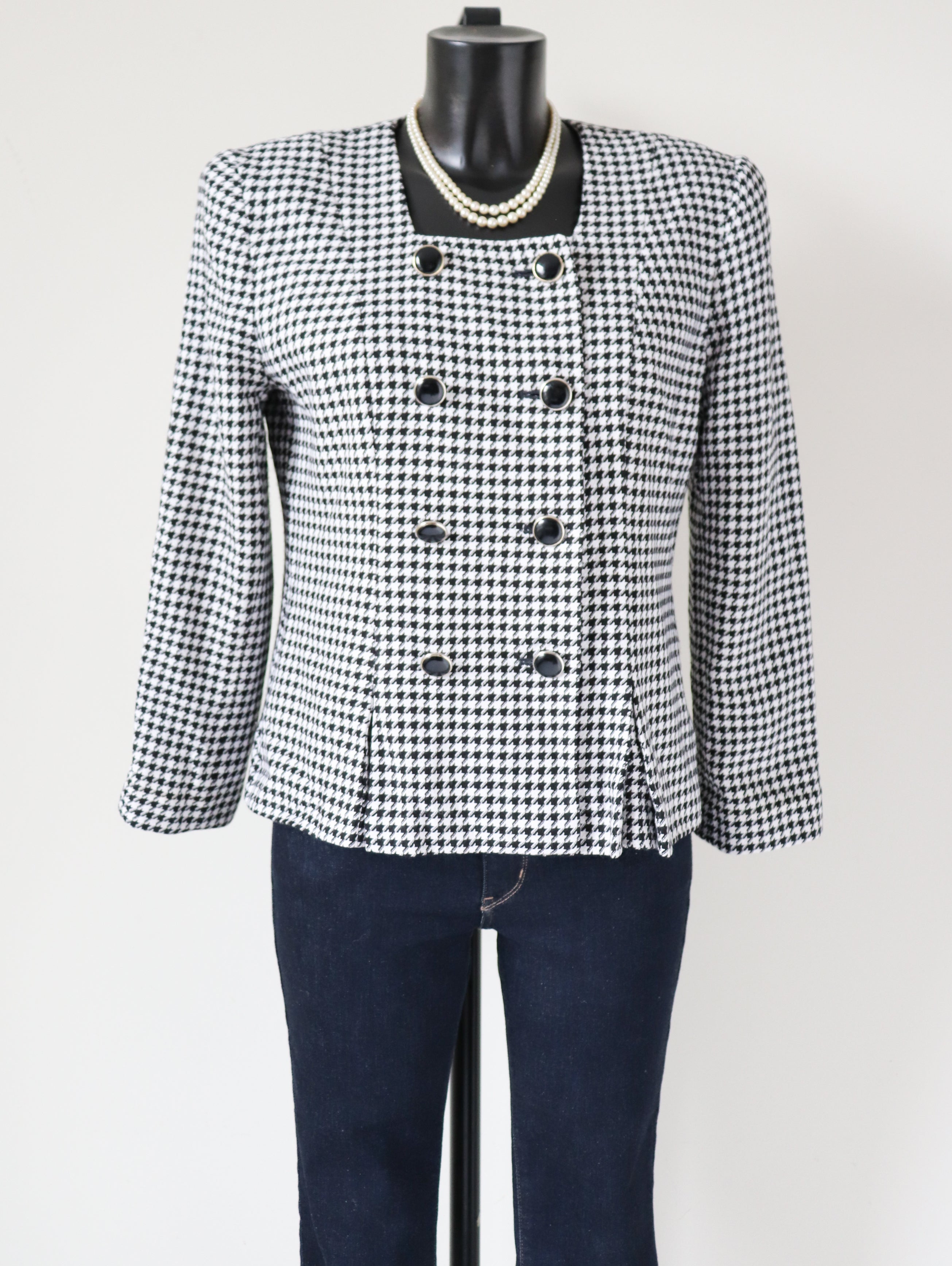 Michelle Stuart Collarless Houndstooth Jacket - Black / White - Vintage - M / UK 12